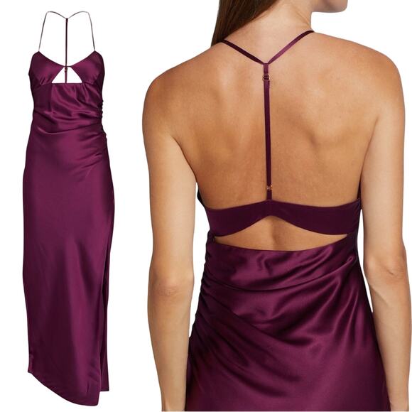 The Sei | Ruched Cut Out Silk Midi Dress in Burgundy Oxblood 2 - Picture 3 of 16